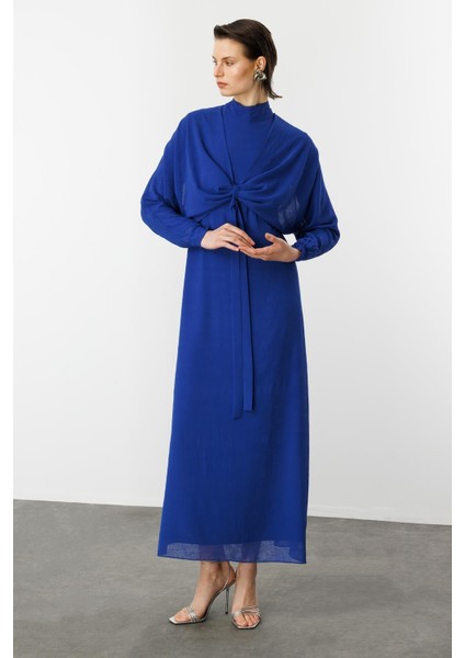 Şal Detaylı Uzun Şifon Elbise-Sax fırsatları