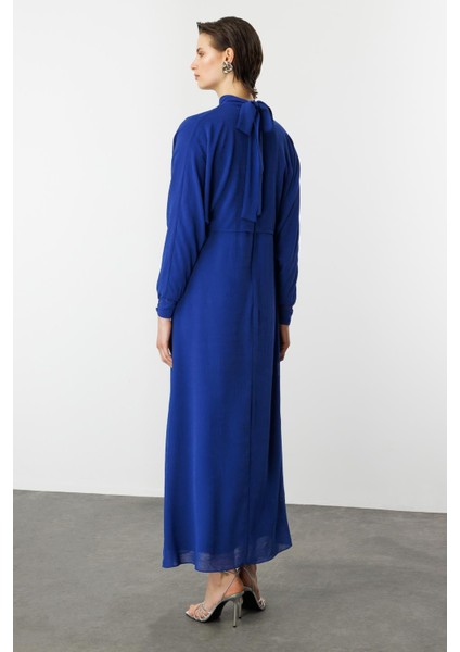 Şal Detaylı Uzun Şifon Elbise-Sax