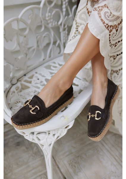 Nazsa Kadın Kahverengi Süet Tokalı Espadrıl Taban Loafer Ayakkabi