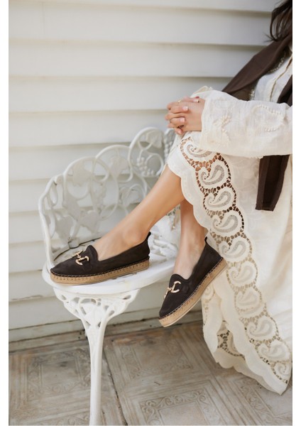 Nazsa Kadın Kahverengi Süet Tokalı Espadrıl Taban Loafer Ayakkabi modelleri