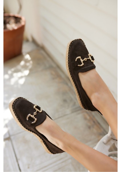 Nazsa Kadın Kahverengi Süet Tokalı Espadrıl Taban Loafer Ayakkabi indirimleri