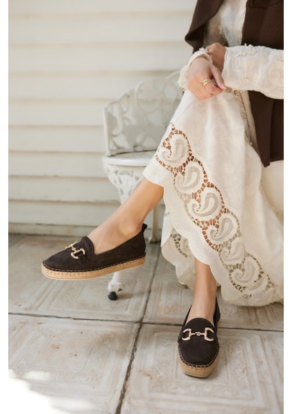 Nazsa Kadın Kahverengi Süet Tokalı Espadrıl Taban Loafer Ayakkabi