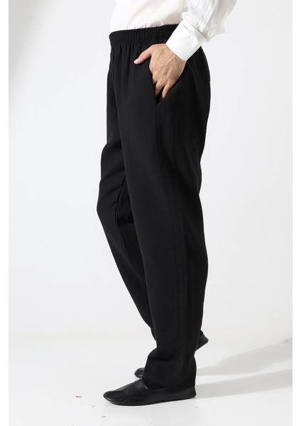 Erkek Lastikli Bel Cepli Hac Umre Müslin Pantolon - Siyah (Ans)