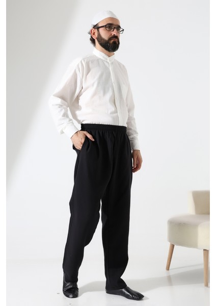 Erkek Lastikli Bel Cepli Hac Umre Müslin Pantolon - Siyah (Ans) fırsatları