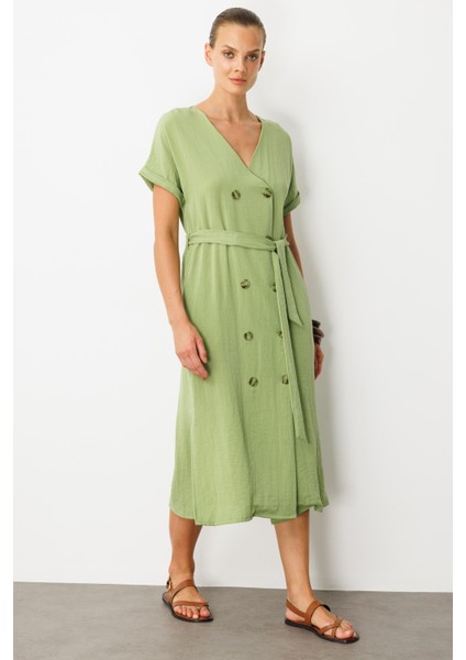 Kruvaze Yaka Keten Görünümlü Elbise-Yeşil modelleri