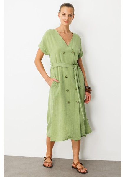 Kruvaze Yaka Keten Görünümlü Elbise-Yeşil fırsatları