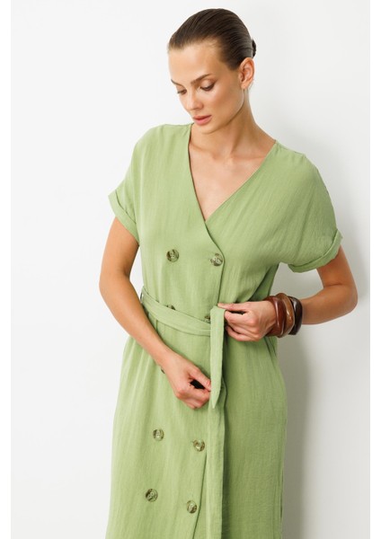 Kruvaze Yaka Keten Görünümlü Elbise-Yeşil indirimleri