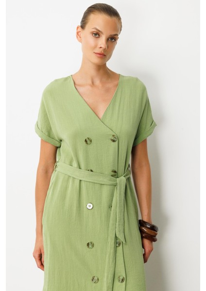 Kruvaze Yaka Keten Görünümlü Elbise-Yeşil