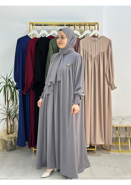 Sallı ,önü V Model Büzgülü Tesettür Elbise Takım ,ferrace,abaya, Hicab,hac ve Umre Için Uygun Gri fiyatları
