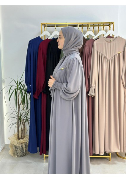 Sallı ,önü V Model Büzgülü Tesettür Elbise Takım ,ferrace,abaya, Hicab,hac ve Umre Için Uygun Gri modelleri