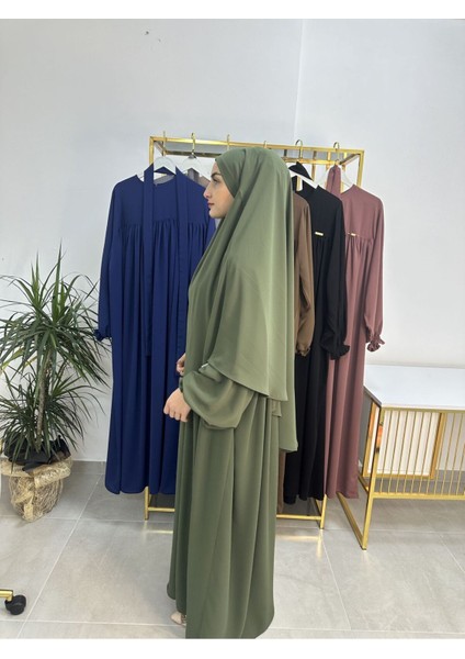 Ferace & Abaya Sufle Esarp ve Üsten Robalı Kemerli Elbise Takım .hac ve Umre Için Uygundur Yeşil
