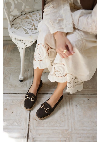 Nazsa Kadın Kahverengi Süet Tokalı Espadrıl Taban Loafer Ayakkabi