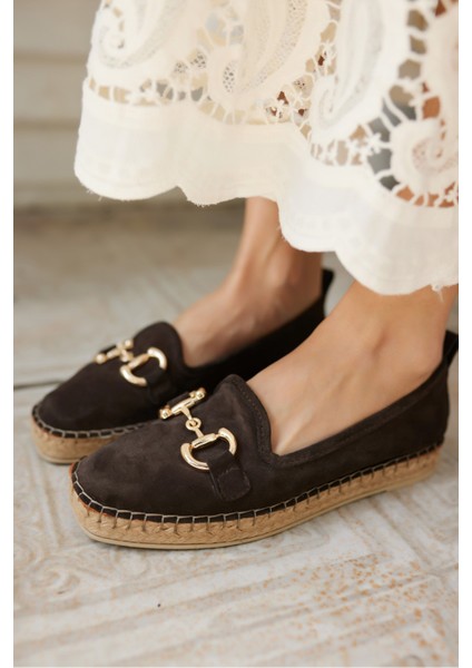 Nazsa Kadın Kahverengi Süet Tokalı Espadrıl Taban Loafer Ayakkabi