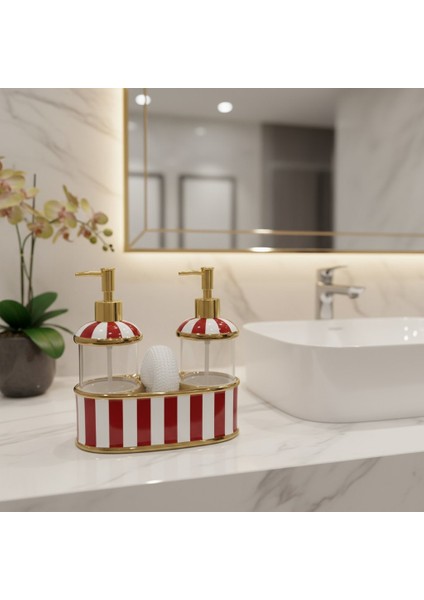 Kırmızı Beyaz 2'li Lüks Porselen Sıvı Sabunluk