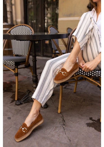 Nazsa Kadın Kahverengi Süet Tokalı Espadrıl Taban Loafer Ayakkabi modelleri