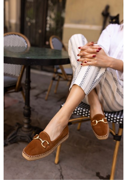 Nazsa Kadın Kahverengi Süet Tokalı Espadrıl Taban Loafer Ayakkabi fırsatları
