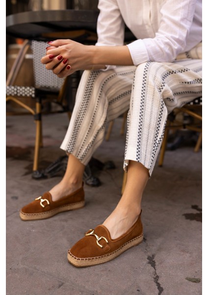 Nazsa Kadın Kahverengi Süet Tokalı Espadrıl Taban Loafer Ayakkabi indirimleri