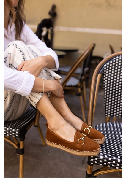 Nazsa Kadın Kahverengi Süet Tokalı Espadrıl Taban Loafer Ayakkabi