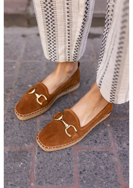 Nazsa Kadın Kahverengi Süet Tokalı Espadrıl Taban Loafer Ayakkabi