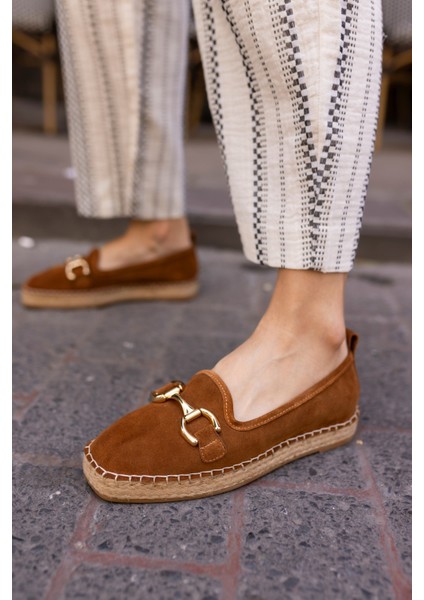 Nazsa Kadın Kahverengi Süet Tokalı Espadrıl Taban Loafer Ayakkabi