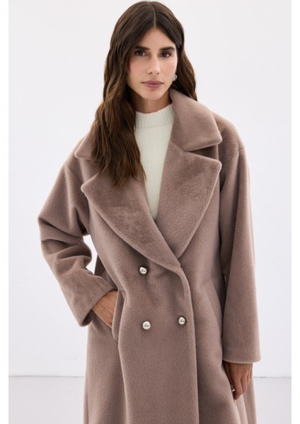 Düğme Detaylı Uzun Kaban - Vizon indirimleri