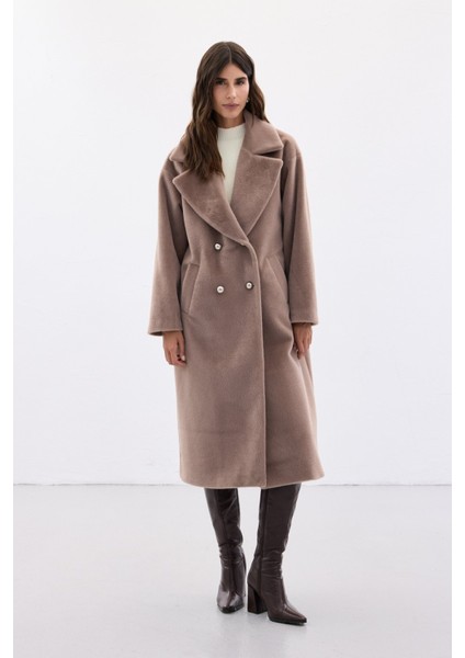 Düğme Detaylı Uzun Kaban - Vizon