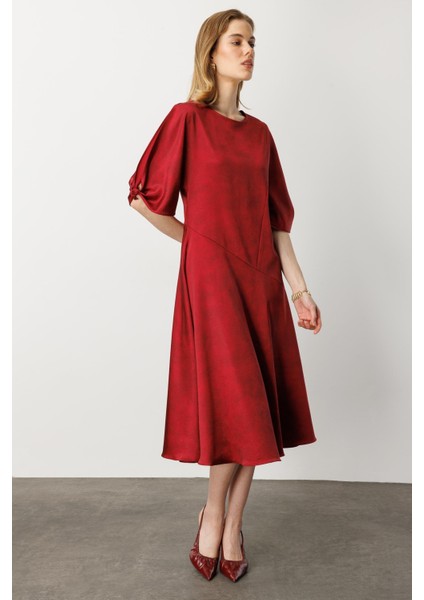 Saten Görünüm Kol Detaylı Elbise-Bordo fiyatları