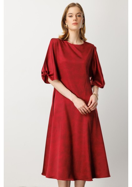 Saten Görünüm Kol Detaylı Elbise-Bordo modelleri