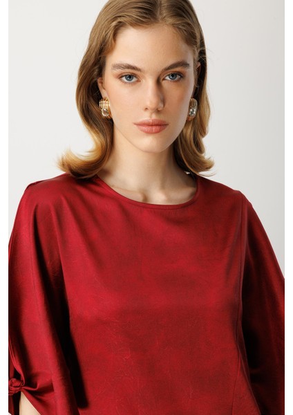 Saten Görünüm Kol Detaylı Elbise-Bordo fırsatları