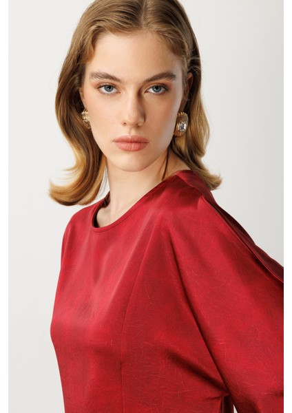 Saten Görünüm Kol Detaylı Elbise-Bordo indirimleri