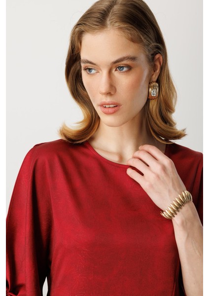 Saten Görünüm Kol Detaylı Elbise-Bordo