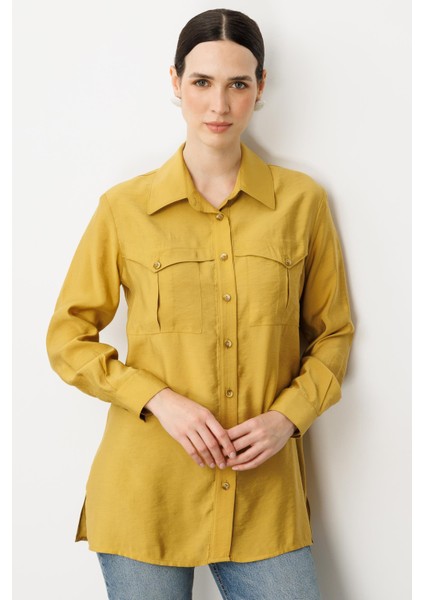 Cep Detaylı Cupra Gömlek-Safran