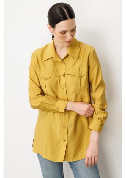 Cep Detaylı Cupra Gömlek-Safran