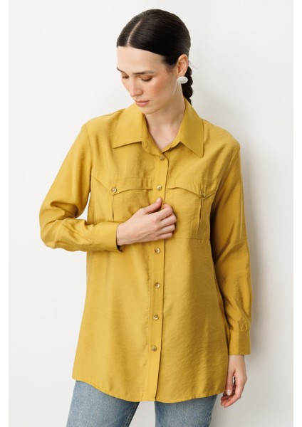 Cep Detaylı Cupra Gömlek-Safran