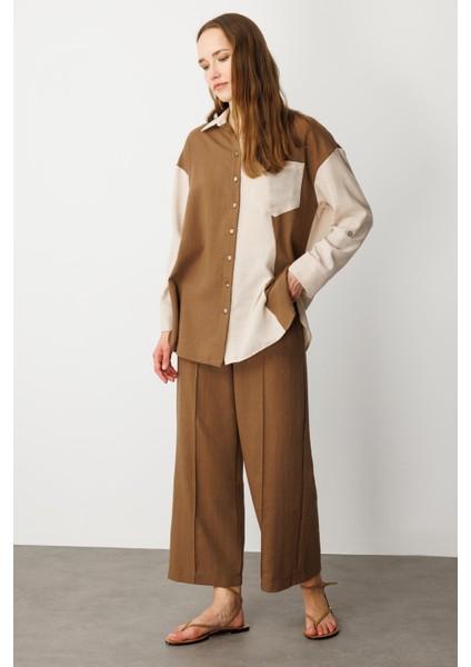 Oversize Keten Görünüm Tunik Gömlek-Kahve