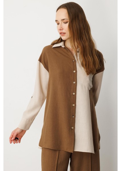 Oversize Keten Görünüm Tunik Gömlek-Kahve fiyatları