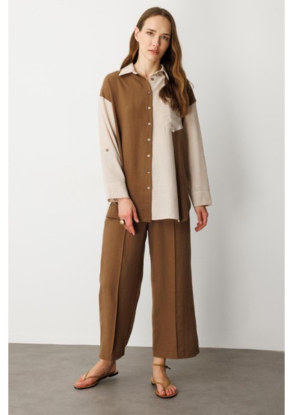 Oversize Keten Görünüm Tunik Gömlek-Kahve modelleri