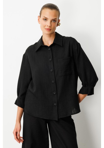 Kolları Pileli Keten Görünüm Gömlek-Siyah