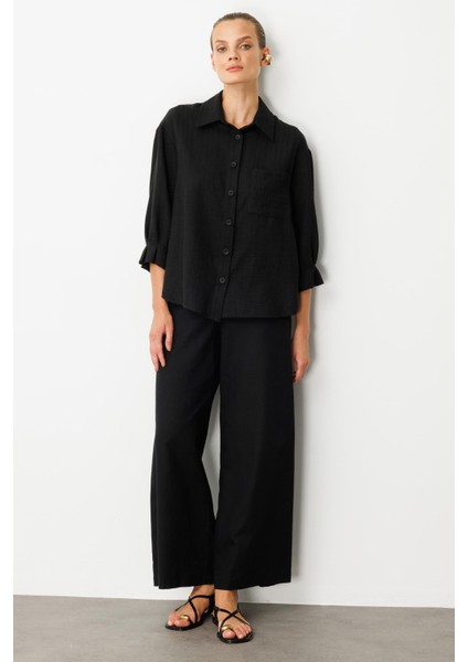 Kolları Pileli Keten Görünüm Gömlek-Siyah fiyatları