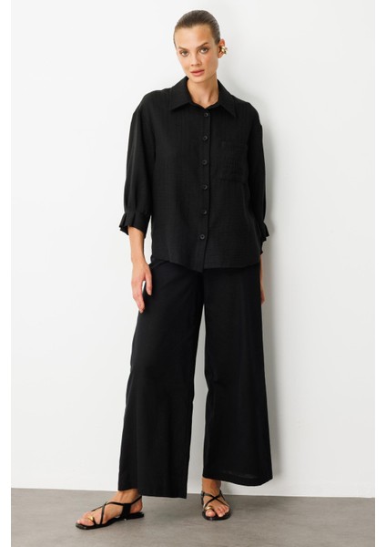 Kolları Pileli Keten Görünüm Gömlek-Siyah modelleri