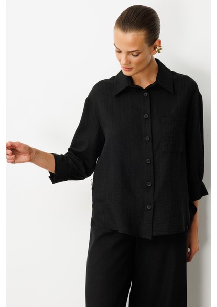 Kolları Pileli Keten Görünüm Gömlek-Siyah fırsatları