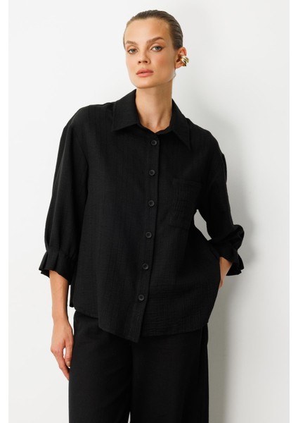 Kolları Pileli Keten Görünüm Gömlek-Siyah indirimleri