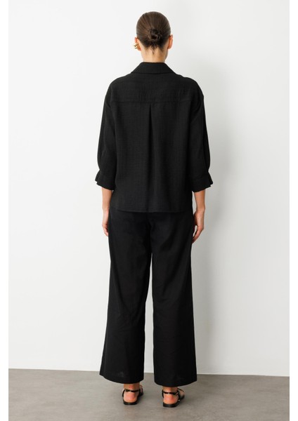 Kolları Pileli Keten Görünüm Gömlek-Siyah