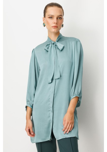 Kendinden Desenli Saten Tunik Gömlek-Mınt