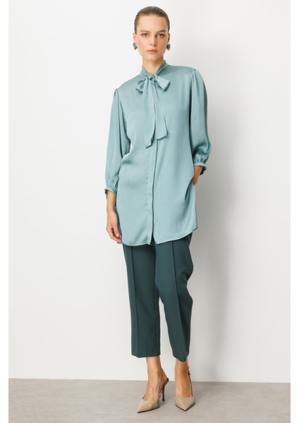 Kendinden Desenli Saten Tunik Gömlek-Mınt fiyatları