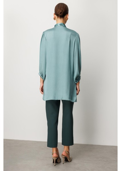 Kendinden Desenli Saten Tunik Gömlek-Mınt