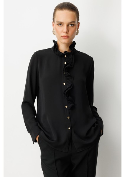 Farbela Detaylı Krep Gömlek-Siyah