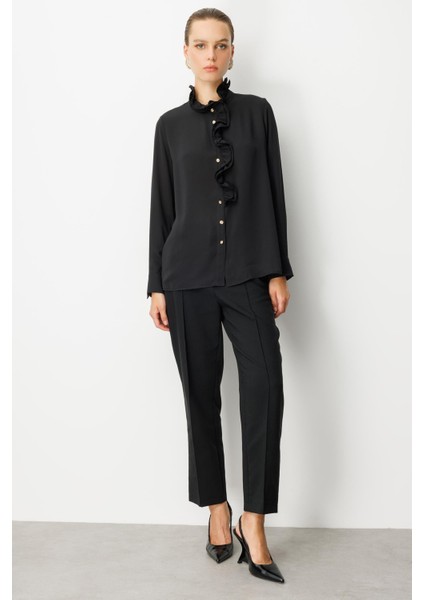 Farbela Detaylı Krep Gömlek-Siyah modelleri