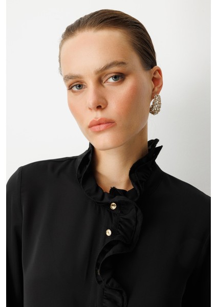 Farbela Detaylı Krep Gömlek-Siyah indirimleri