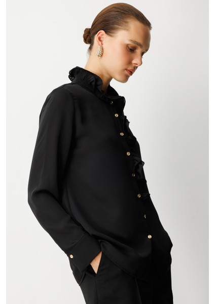 Farbela Detaylı Krep Gömlek-Siyah